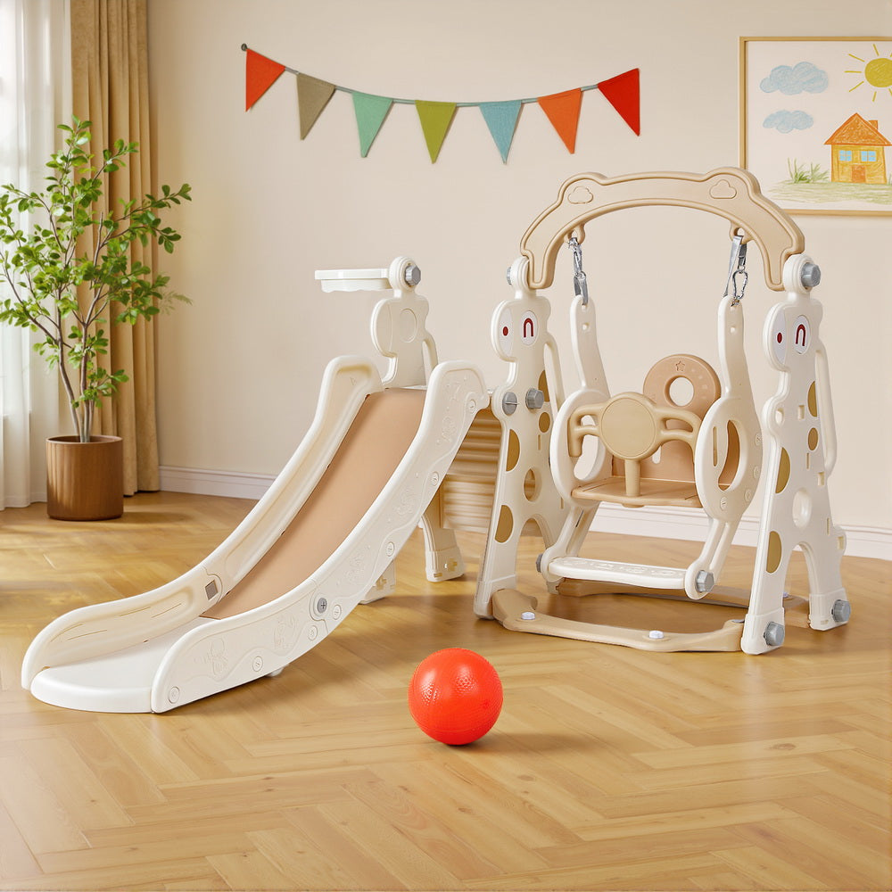 3-in-1 Kids Slide Swing Set with Basketball Hoop