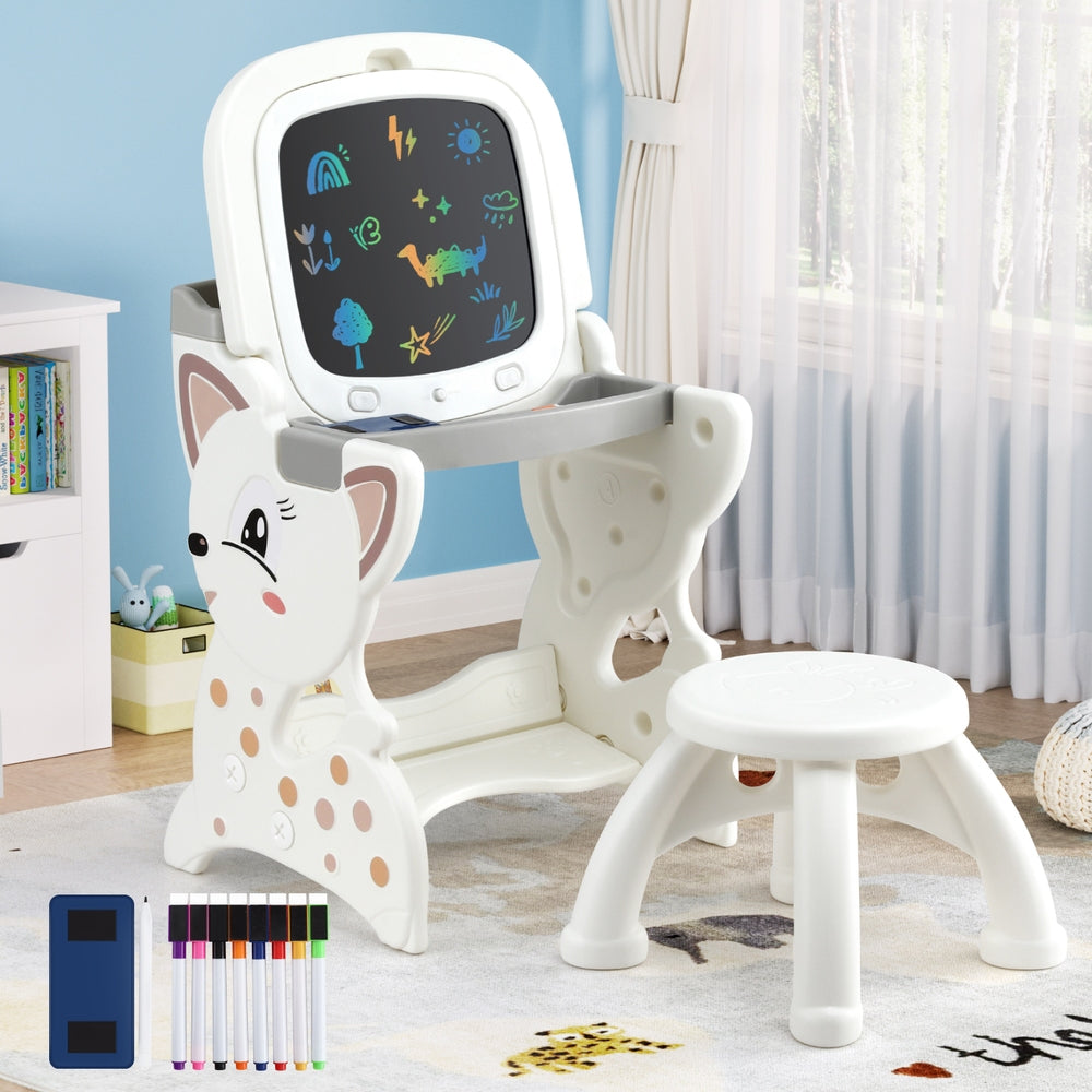 Kids Table and Chair Set 2 in 1 Easel Desk Stool w/ LCD Writing Tablet