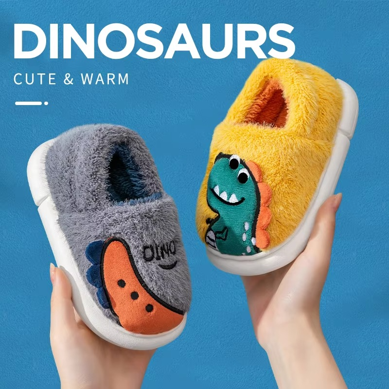 Kids Dinosaur Plush Slippers – Non-Slip Winter Shoes