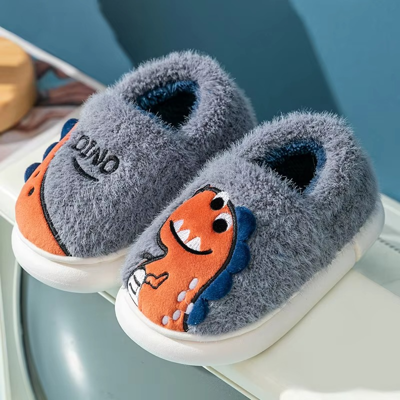 Kids Dinosaur Plush Slippers – Non-Slip Winter Shoes