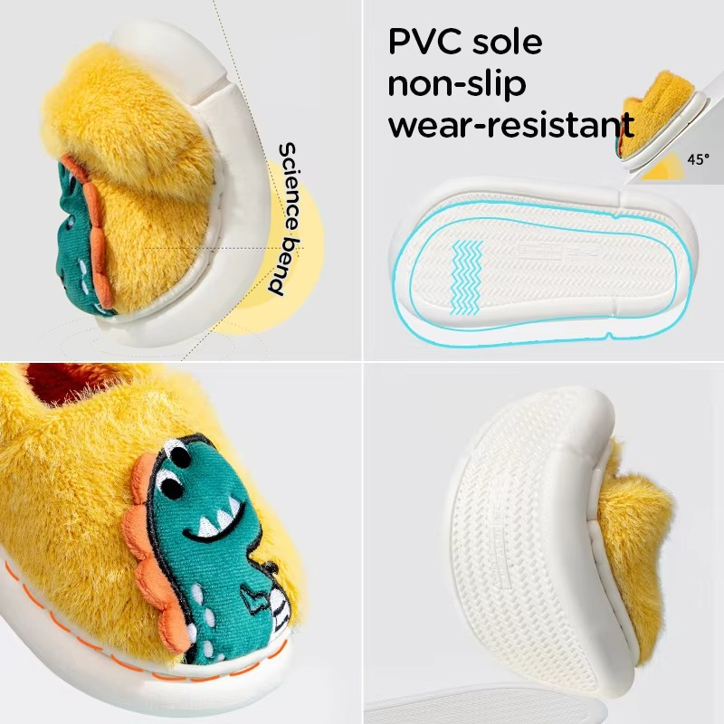 Kids Dinosaur Plush Slippers – Non-Slip Winter Shoes