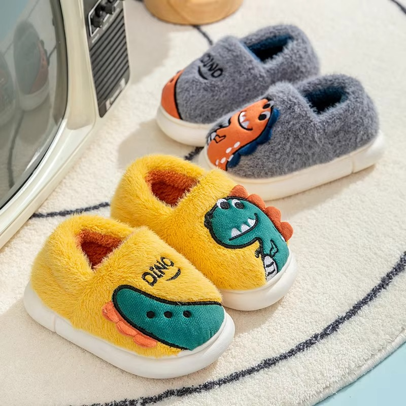 Kids Dinosaur Plush Slippers – Non-Slip Winter Shoes