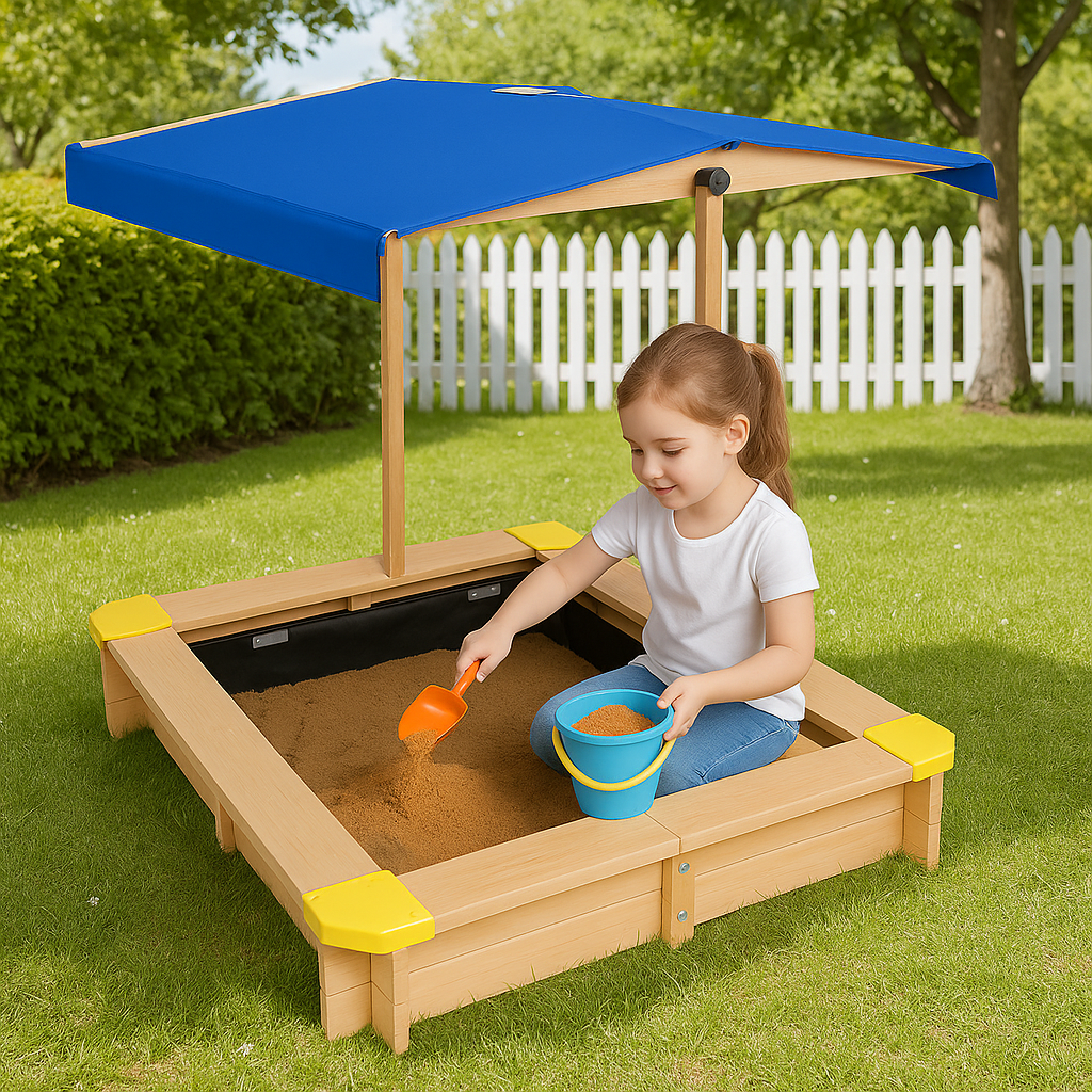 Kids Sandpit Wooden Sandbox Sand Pit with Canopy Bench Seat Toys