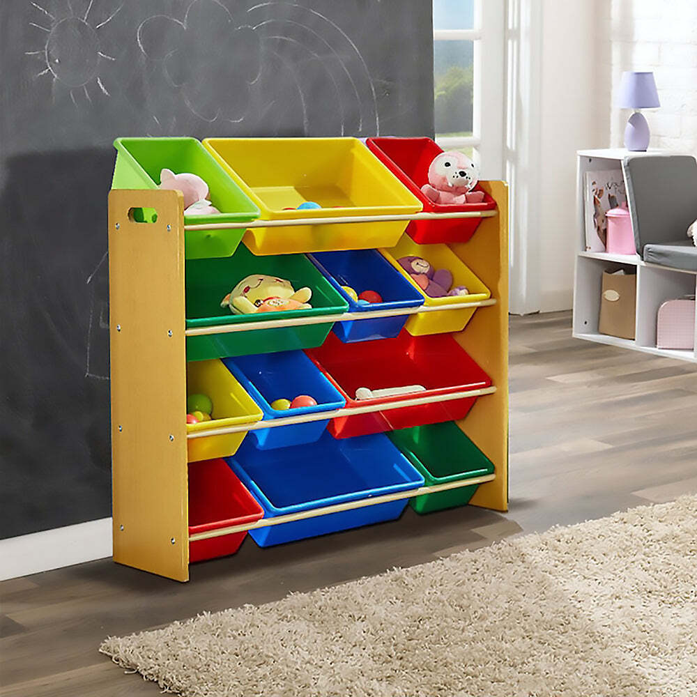 Kids Organiser Shelf Storage Rack for Toys 12 Multicoloured Bins